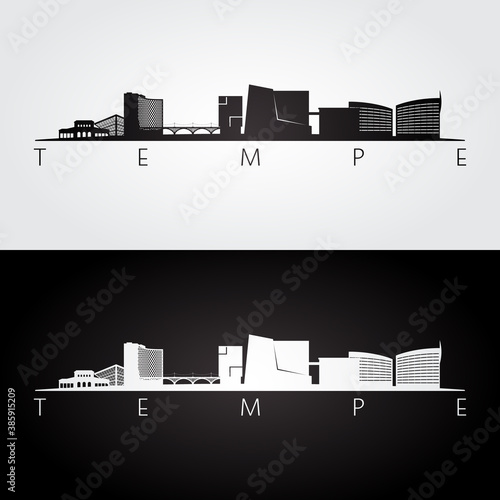 Tempe, Arizona skyline and landmarks silhouette, black and white design, vector illustration.