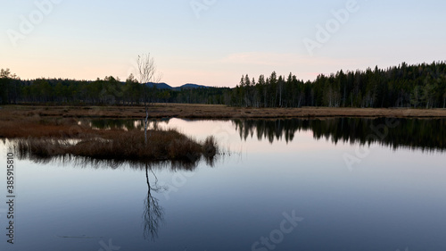 Triungsvanna, Oslomarka, Norway. Nature reserve. Shot in golden/blue hour in october. A crisp and cold evening in Nordmarka. This lake and forest is only a few kilometers from down town city of oslo.