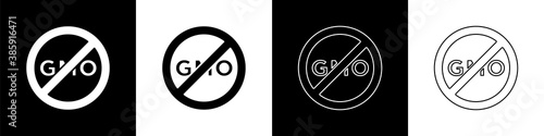 Set No GMO icon isolated on black and white background. Genetically modified organism acronym. Dna food modification. Vector.