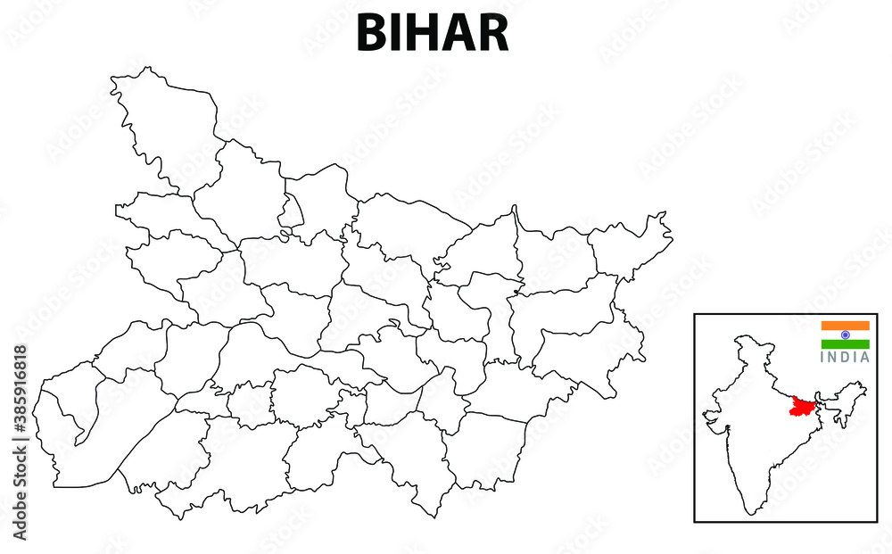 Bihar Map. Outlina map of Bihar district. Detail district map of Bihar.
