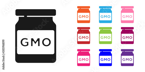 Black GMO icon isolated on white background. Genetically modified organism acronym. Dna food modification. Set icons colorful. Vector.