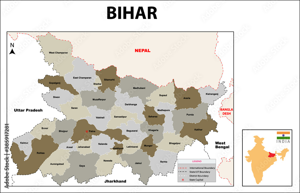 Bihar Map.Political map of Bihar District. Bihar map with gray color. Bihar map with border