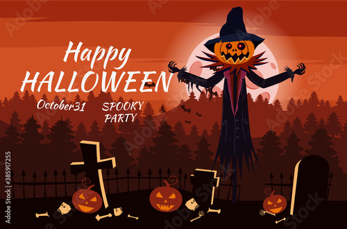 Scarecrow character Halloween at the cemetery with a Jack O Lantern head pumpkin in ripped coat. Isolated on white background