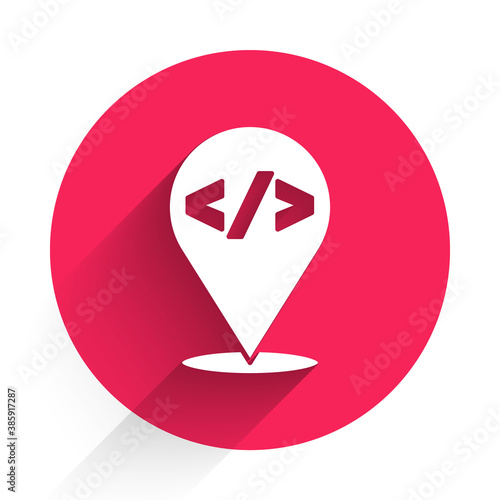 White Web design and front end development icon isolated with long shadow. Red circle button. Vector.