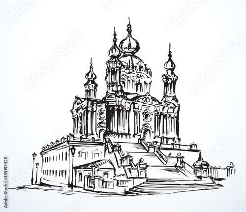 Photo St. Andrew's Church in Kiev. Vector drawing
