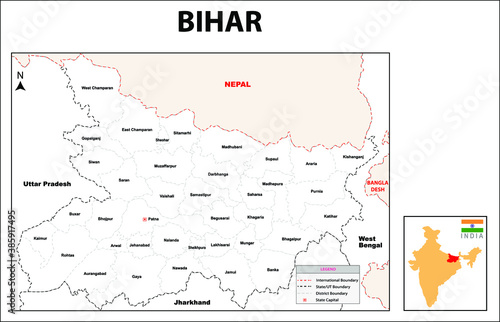 Bihar Map. Bihar District map. Bihar districts map with name labels in White background. Bihar district map with border name.