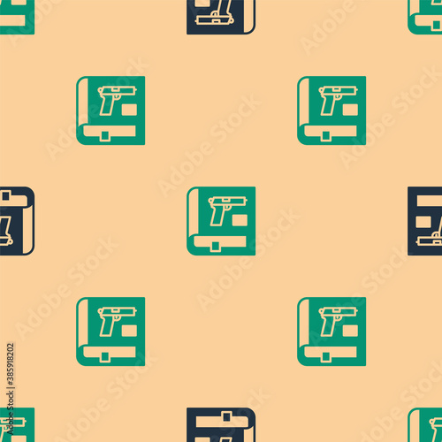 Green and black Book with pistol or gun icon isolated seamless pattern on beige background. Police or military handgun. Small firearm. Weapon catalog. Vector.