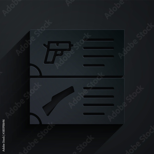 Paper cut Weapon catalog icon isolated on black background. Police or military handgun. Small firearm. Paper art style. Vector.