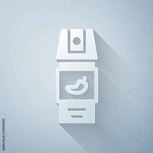 Paper cut Pepper spray icon isolated on grey background. OC gas. Capsicum self defense aerosol. Paper art style. Vector.