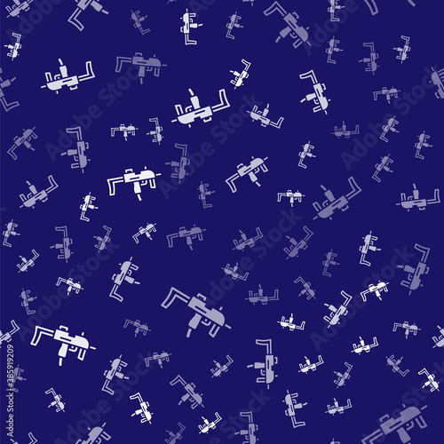 White MP9 submachine gun icon isolated seamless pattern on blue background. Automatic weapon. Vector.