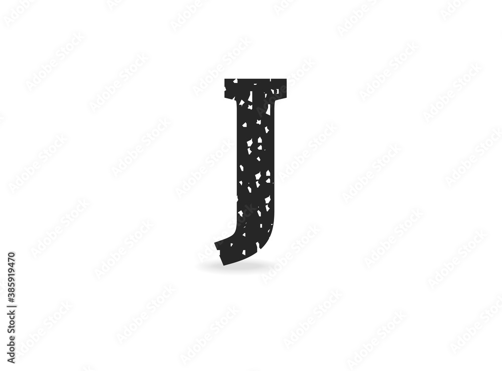 J letter grungy, grunge texture design. Rubber stamp imprint style. For logo, brand label, poster, design elements etc. Isolated vector illustration.