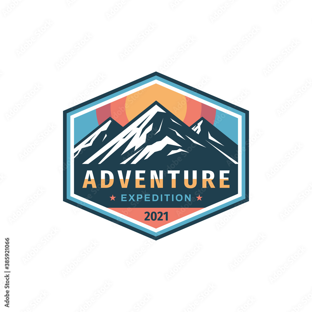 Adventure expedition mountain badge design. Extreme traveling logo in flat vintage style. Hiking climbing sport training. Vector illustration. Adventure expedition mountain badge design. Extreme traveling logo in flat vintage style. Hiking climbing sport training. Vector illustration.