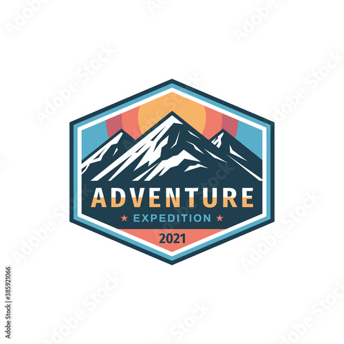 Adventure expedition mountain badge design. Extreme traveling logo in flat vintage style. Hiking climbing sport training. Vector illustration. 