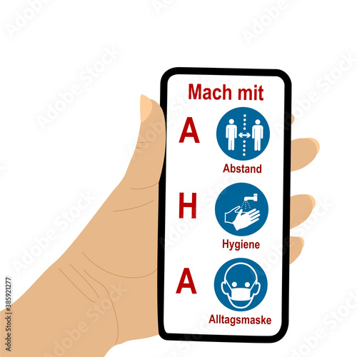 Hand hält Handy mit AHA-Formel.