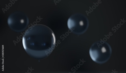Blue balloons on a dark background. A 3d render.