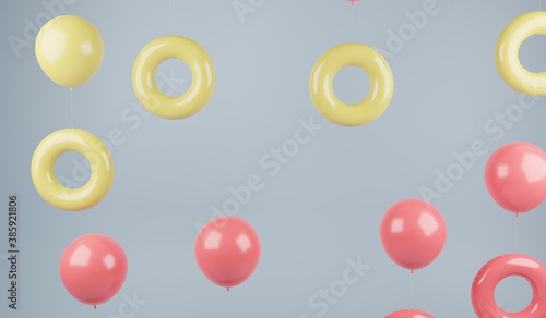 Fototapeta Naklejka Na Ścianę i Meble -  Red and yellow balloons and floaties. A 3d render.
