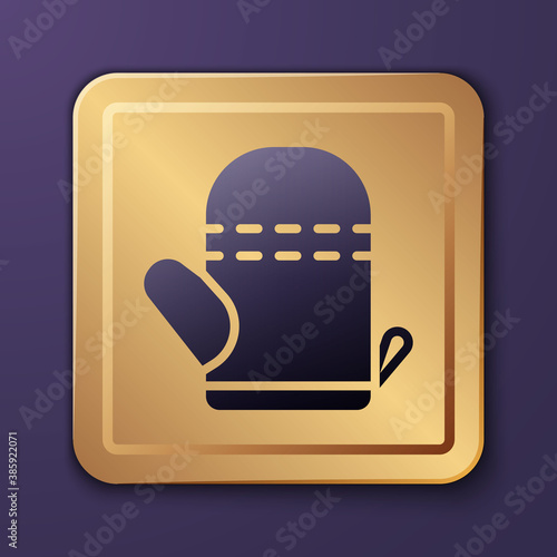 Purple Oven glove icon isolated on purple background. Kitchen potholder sign. Cooking glove. Gold square button. Vector.