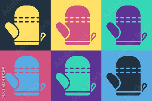 Pop art Oven glove icon isolated on color background. Kitchen potholder sign. Cooking glove. Vector.