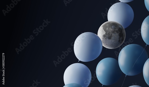 A little Moon Neptune floating between balloons. A 3d render.