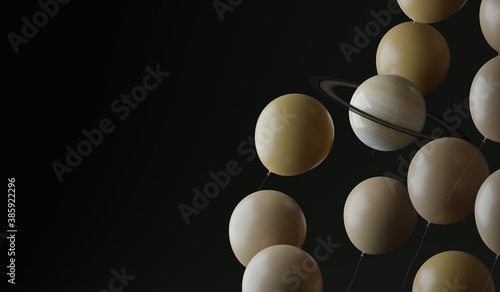 Little planet Saturn floating between balloons. A 3d render.