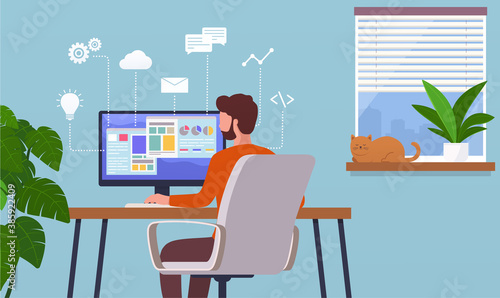 Work at home. Freelancer man working on computer remotely, internet career. Home office concept.