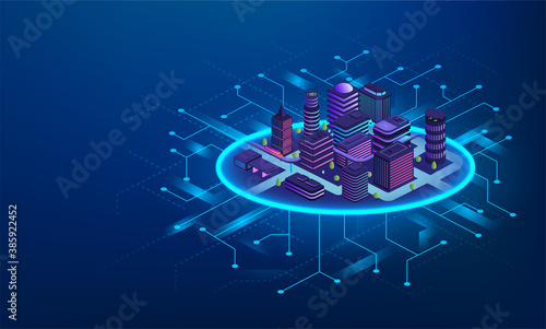 Smart city technology concept. Futuristic buildings with digital communications, intelligent city management system.