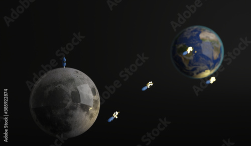Obraz na plátně Little, toy rockets flying from the Earth to the Moon. 3d render.