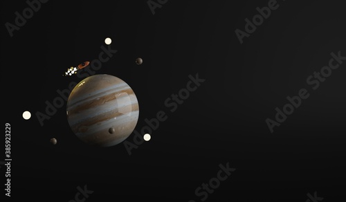 A toy planet Jupiter with a little rocket flying around it. A 3d render.