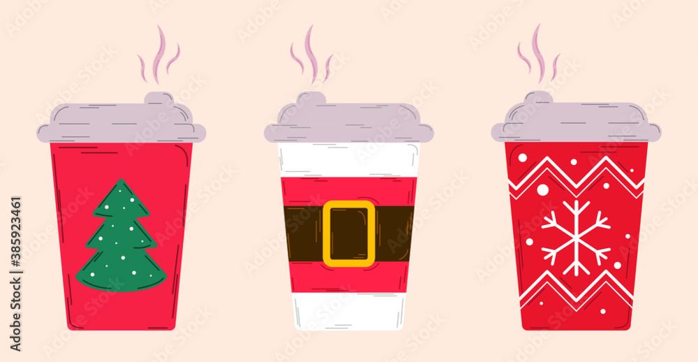 illustration of a Christmas coffee cup. Hot coffee cup set. Set with three cup coffee. Coffee cup concept. illustration of a Christmas coffee cup. Hot coffee cup set. Set with three cup coffee. Coffee cup concept.
