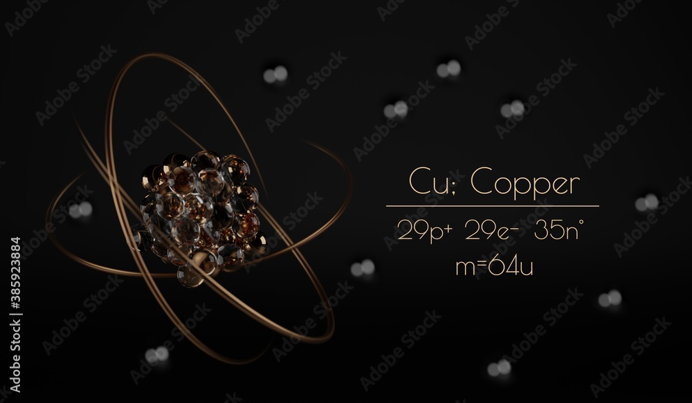 A stylized Copper atom visualization, with the number of protons