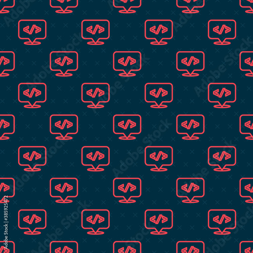 Red line Web design and front end development icon isolated seamless pattern on black background. Vector.