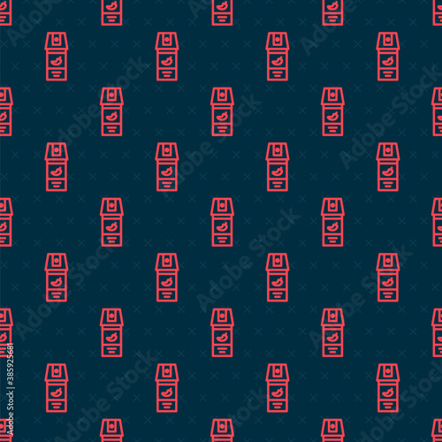 Red line Pepper spray icon isolated seamless pattern on black background. OC gas. Capsicum self defense aerosol. Vector.