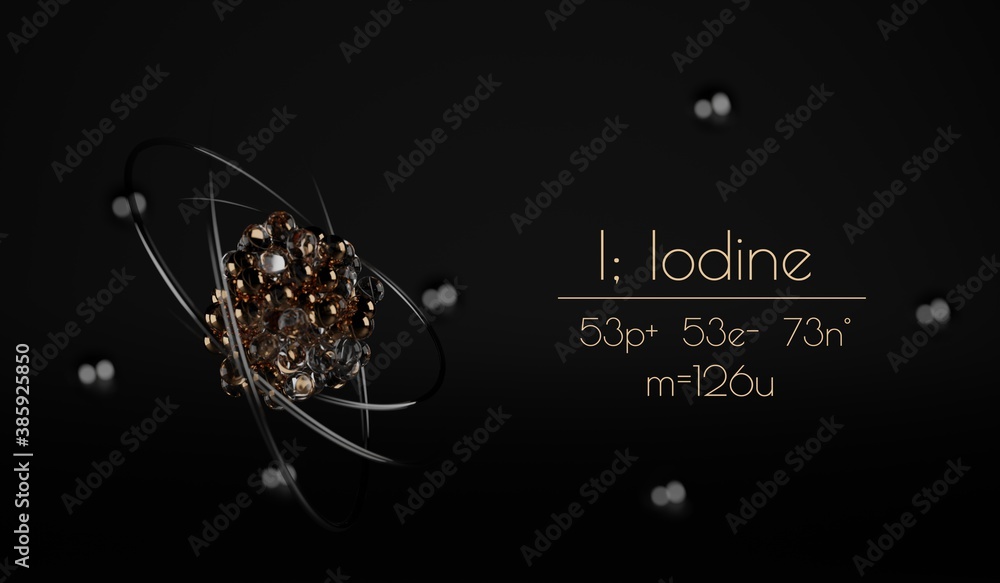 A stylized Iodine atom visualization, with the number of protons