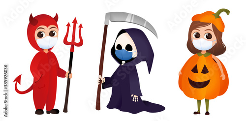 Covid halloween costume set, children with face mask