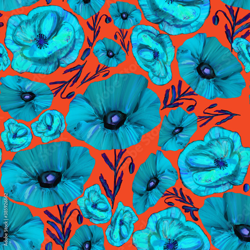 Blue Floral seamless pattern on orange background. Flower poppy background. Beautiful ornamental texture with flowers.
