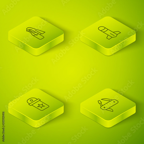 Set Isometric line Rocket, Chevron, Swiss army knife and Cocktail molotov icon. Vector.
