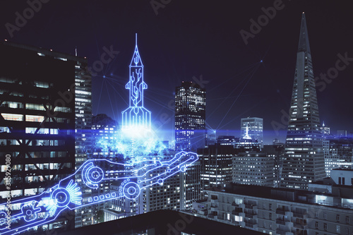 Photography Double exposure of start up theme drawings over cityscape background