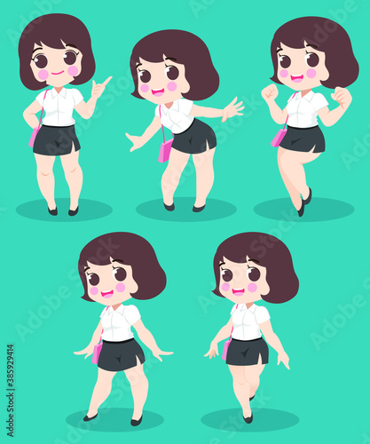 Asian student in school uniform set. Thai College student in uniform. Vector Illustration. Student character vector.