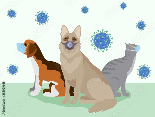 Coronavirus quarantine concept design. Pets wearing medical masks from COVID-19. Vector illustration