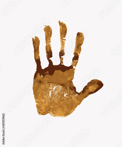 Brown palm and finger print on white background, grunge vector illustration. The imprint of a human hand, the pattern texture of the skin. Dirty print of a childs or adults hand