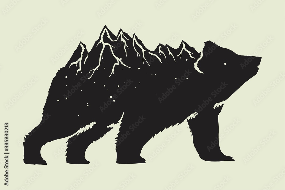 Bear with mountain range on its back isolated vector illustration ...