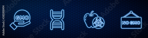 Set line Genetically modified apple, GMO, DNA symbol and No. Glowing neon icon on brick wall. Vector.