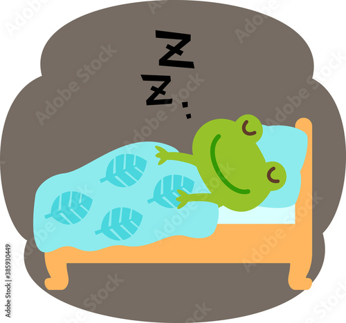 ベッドで眠る蛙