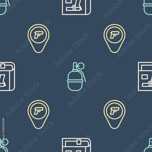 Set line Book with pistol or gun, Location weapon and Hand grenade on seamless pattern. Vector.