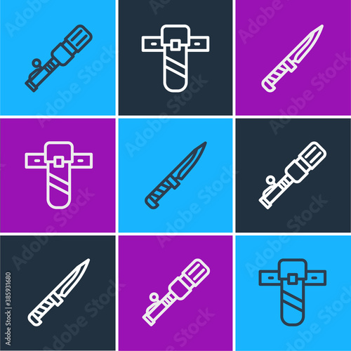 Set line Anti-tank hand grenade, Military knife and Knife holster icon. Vector.