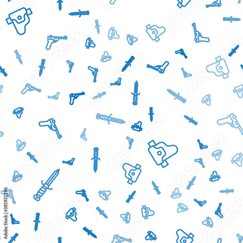 Set line Military knife, Gun in holster and Mauser gun on seamless pattern. Vector.