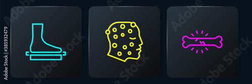 Set line Flat foot, Bone pain and Psoriasis or eczema rash. Black square button. Vector.