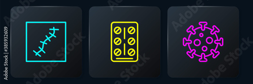 Set line Scar with suture, Virus and Pills in blister pack. Black square button. Vector.