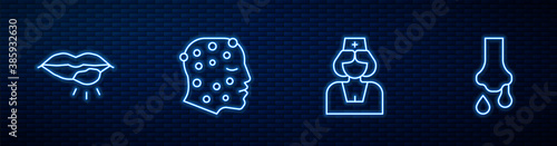 Set line Nurse, Herpes lip, Psoriasis or eczema rash and Runny nose. Glowing neon icon on brick wall. Vector.