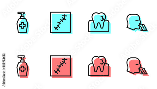 Set line Tooth with caries, Liquid antibacterial soap, Scar suture and Vomiting man icon. Vector.